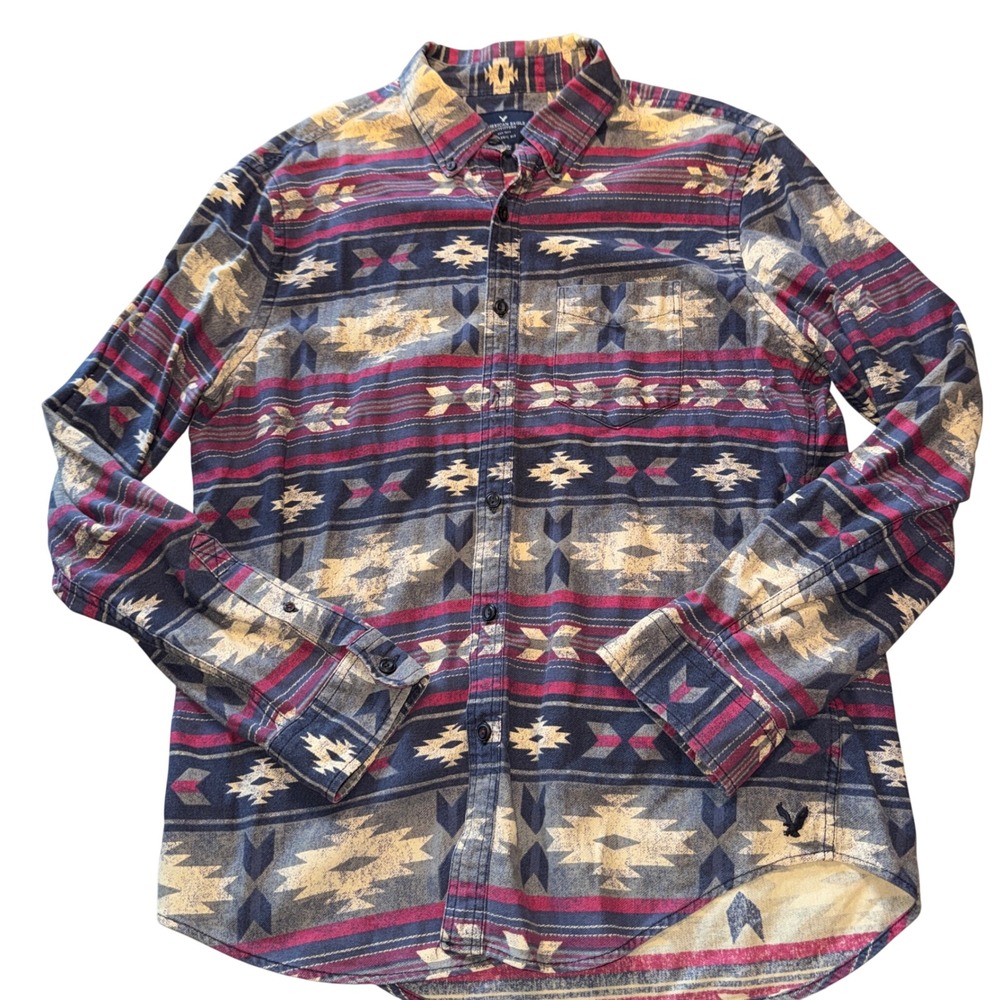 American Eagle Button Down Shirt Large Blue Red Southwestern Aztec Classic Fit